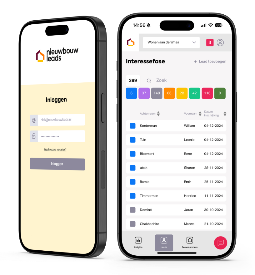 Echte schermen van de NieuwbouwLeads-app in het officiële mobiele productbeeld